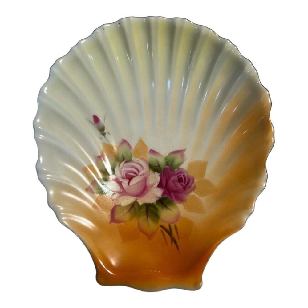 Lefton China Shell Dish Hand Painted Vtg Roses 5370 Trinkets Ring Dish